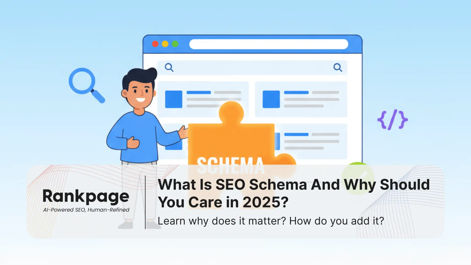 Illustration of person learning how to add schema markup for better Google search results