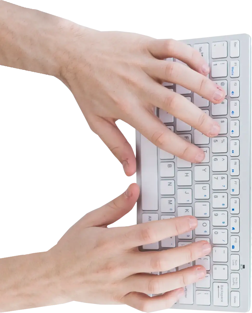 hands typing a content a white keyboard