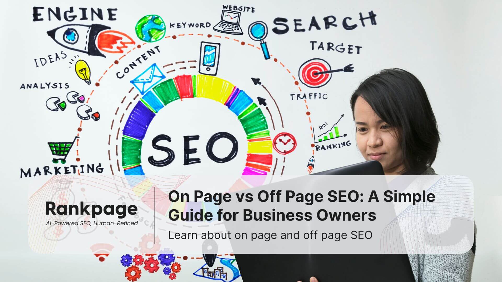 A short hair Asian girl wearing stripped blue shirt holding laptop on hand searching Seo search engine optimization internet digital conceptmarketing ecommerce online banking payment and voip voice over internet protocol technology