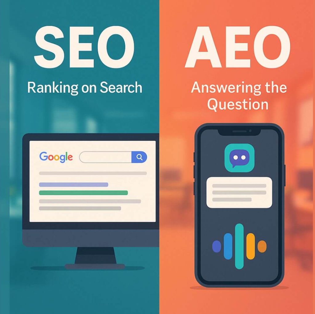 split-screen infographic comparing seo and aeo. the left side shows a computer screen with a google search results page under the label “seo – ranking on search.” the right side shows a smartphone with a chatbot response interface under the label “aeo – answering the question.” backgrounds are teal and orange, with a professional office setting.