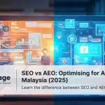 split-screen infographic comparing SEO and AEO. The left side shows a computer screen with a Google search results page under the label “SEO – Ranking on Search.” The right side shows a smartphone with a chatbot response interface under the label “AEO – Answering the Question.” Backgrounds are teal and orange, with a professional office setting.