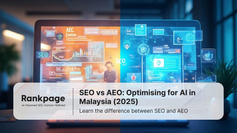 split-screen infographic comparing SEO and AEO. The left side shows a computer screen with a Google search results page under the label “SEO – Ranking on Search.” The right side shows a smartphone with a chatbot response interface under the label “AEO – Answering the Question.” Backgrounds are teal and orange, with a professional office setting.