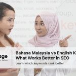 Two Malaysian women discussing Bahasa Malaysia vs English keywords in SEO, featured with Rankpage branding.