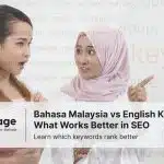 Two Malaysian women discussing Bahasa Malaysia vs English keywords in SEO, featured with Rankpage branding.