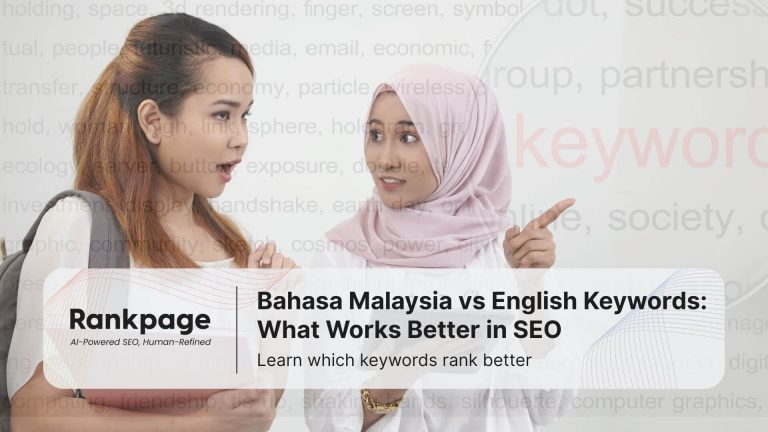 Two Malaysian women discussing Bahasa Malaysia vs English keywords in SEO, featured with Rankpage branding.