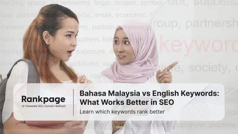 Two Malaysian women discussing Bahasa Malaysia vs English keywords in SEO, featured with Rankpage branding.