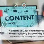 Laptop screen showing the word content with SEO icons for ranking, backlink, and analysis, symbolising ecommerce content SEO strategy by Rankpage.