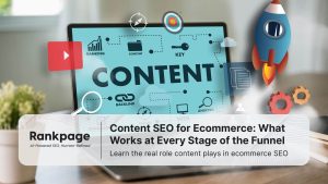 Laptop screen showing the word content with SEO icons for ranking, backlink, and analysis, symbolising ecommerce content SEO strategy by Rankpage.