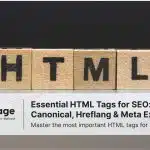 Wooden blocks spelling HTML with Rankpage banner promoting a 2025 guide on canonical, hreflang, and meta tags for SEO.