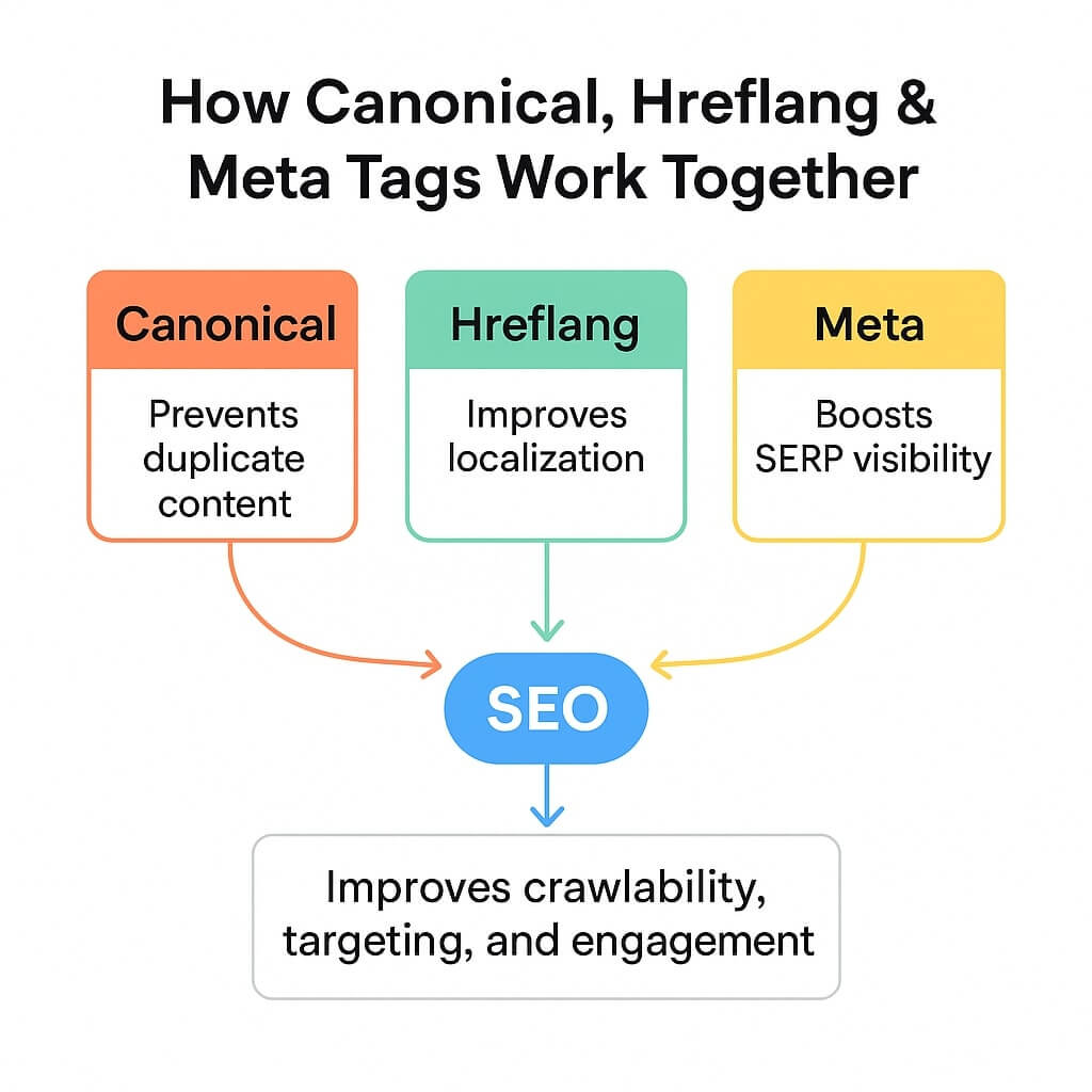 Diagram showing how canonical, hreflang, and meta tags work together to improve SEO crawlability, targeting, and engagement.
