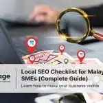 Magnifying glass over map with location pins and laptop, representing Local SEO checklist for Malaysian SMEs 2025.
