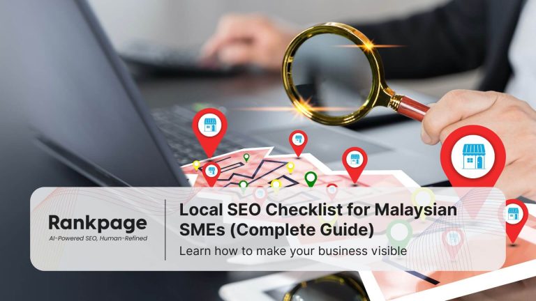 Magnifying glass over map with location pins and laptop, representing Local SEO checklist for Malaysian SMEs 2025.