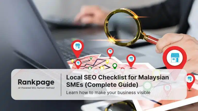 Magnifying glass over map with location pins and laptop, representing Local SEO checklist for Malaysian SMEs 2025.