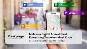 Person holding smartphone with city map and nearby locations for hotel, ATM, parking, groceries, and pizzeria displayed.