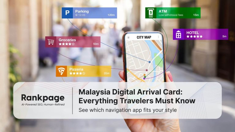 Person holding smartphone with city map and nearby locations for hotel, ATM, parking, groceries, and pizzeria displayed.