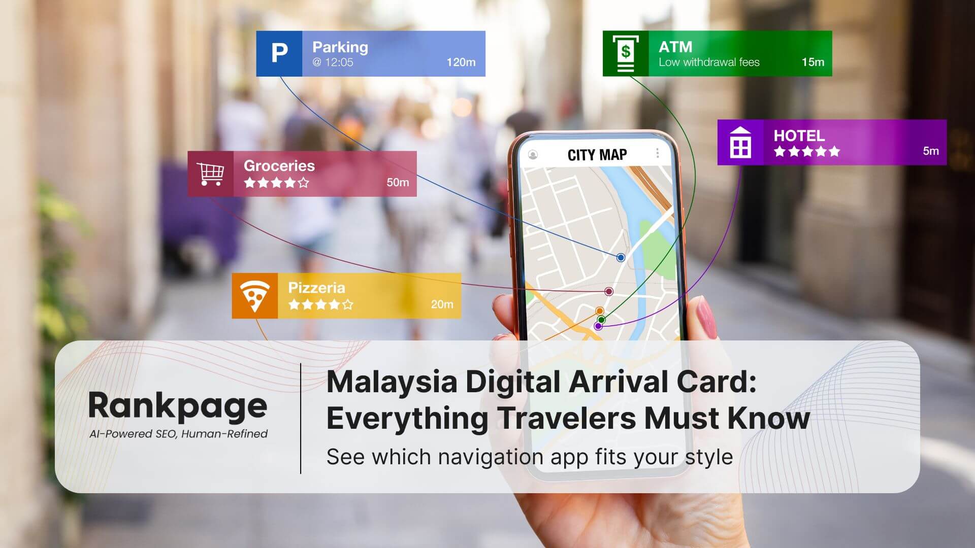 Person holding smartphone with city map and nearby locations for hotel, ATM, parking, groceries, and pizzeria displayed.
