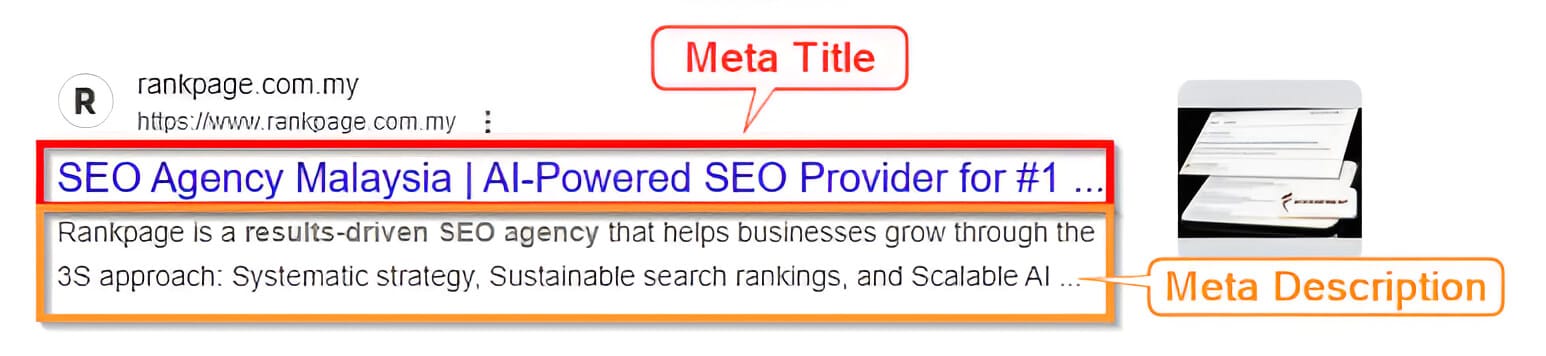 Illustration showing a Google search result highlighting the meta title and meta description sections for Rankpage Malaysia.