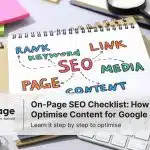 A notepad with colorful handwritten SEO terms like “Rank,” “Keyword,” “Link,” “Media,” “Page,” and “Content” arranged around “SEO,” placed on a desk with stationery and a keyboard. A text overlay reads: “Rankpage – On-Page SEO Checklist for 2025: How to Optimise Content for Google & AI. Learn it step by step to optimise.