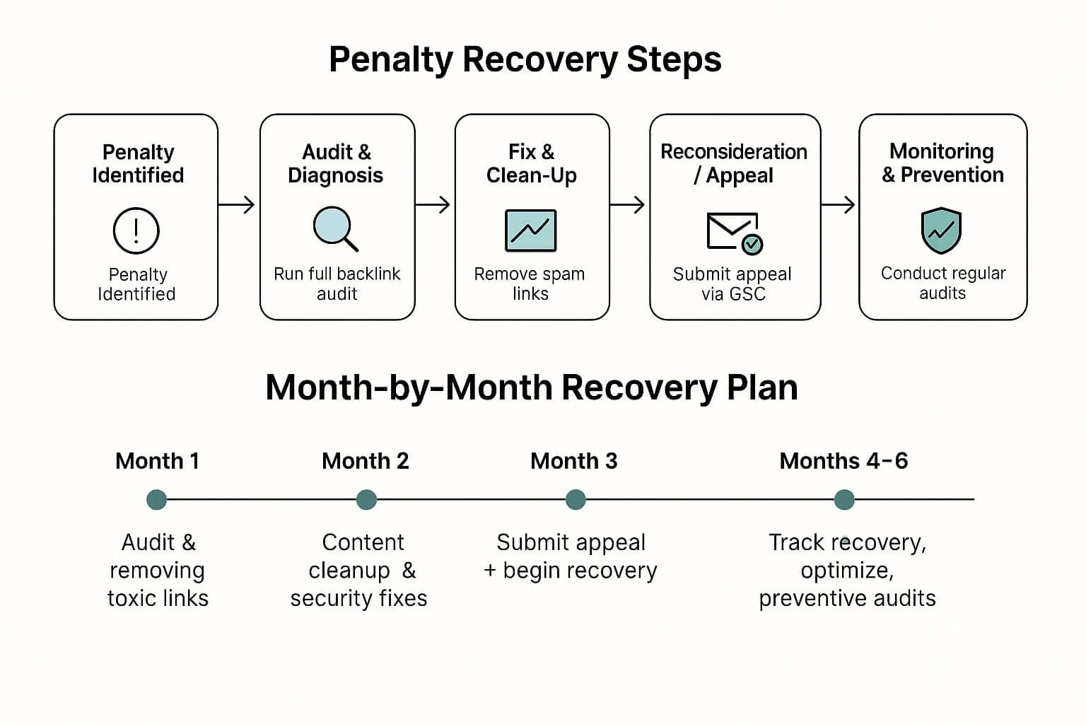 SEO penalty recovery flowchart: Identify penalty, Audit backlinks, Remove spam links, Submit reconsideration, Monitor; with a Month 1–6 timeline of audit, cleanup, appeal, and ongoing optimization.