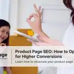 Two women with boxes, one holding a tablet, with text overlay: "Product Page SEO: How to Optimise for Higher Conversions" and the Rankpage logo.