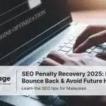 A hand with fair skin typing SEO on laptop with red light warning