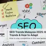 Notebook page with SEO strategy doodles including keywords like Search Engine Optimize, WWW, ROI chart, and content analysis, representing SEO trends in Malaysia 2025.