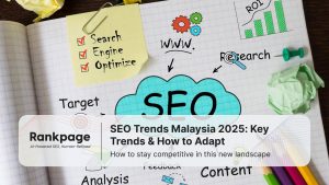 Notebook page with SEO strategy doodles including keywords like Search Engine Optimize, WWW, ROI chart, and content analysis, representing SEO trends in Malaysia 2025.