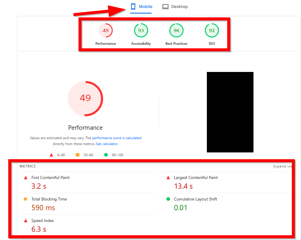 Google PageSpeed Insights mobile report showing low performance score of 49 with slow loading metrics for Rankpage blog