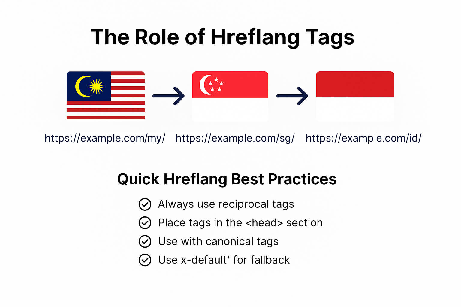 Illustration of hreflang tags linking Malaysia, Singapore, and Indonesia URLs with best practices for multilingual SEO.