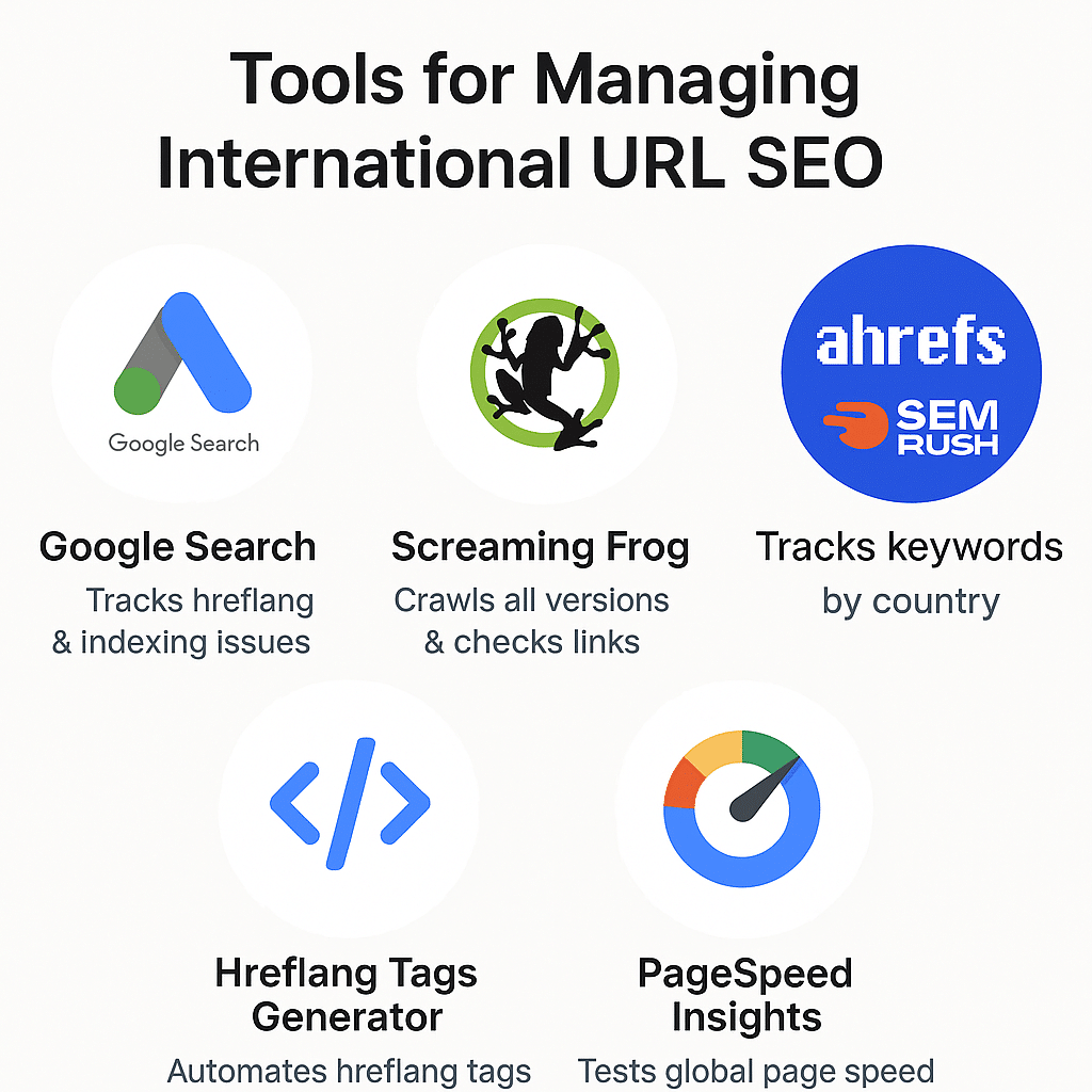 Icons of Google Search, Screaming Frog, Ahrefs, SEMrush, Hreflang Tags Generator, and PageSpeed Insights for managing international SEO.