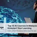A businessman stands in front of a laptop and a giant projector screen. On the projector screen, there is an image of a brain and the word 'AI' on that brain, symbolizing the combination of knowledge and technology that forms AI course in Malaysia.