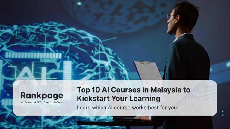 A businessman stands in front of a laptop and a giant projector screen. On the projector screen, there is an image of a brain and the word 'AI' on that brain, symbolizing the combination of knowledge and technology that forms AI course in Malaysia.