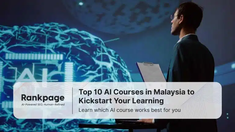 A businessman stands in front of a laptop and a giant projector screen. On the projector screen, there is an image of a brain and the word 'AI' on that brain, symbolizing the combination of knowledge and technology that forms AI course in Malaysia.