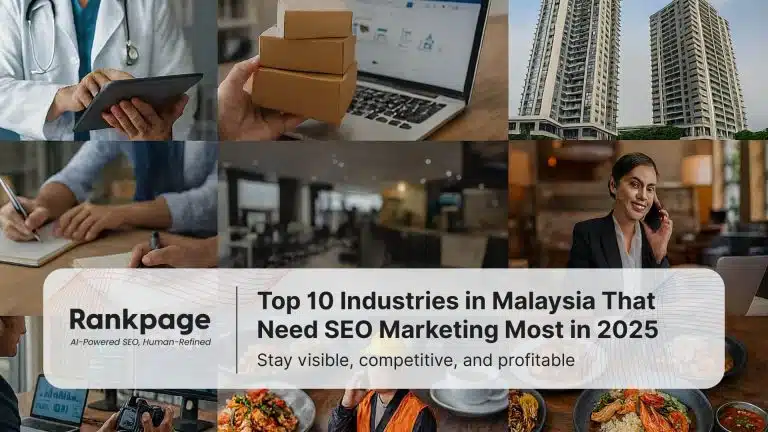 Collage of Malaysian industries like healthcare, e-commerce, and real estate representing top sectors needing SEO in 2025.