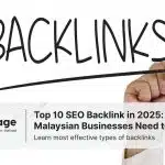 Handwriting "BACKLINKS"; below, Rankpage banner reads: Top 10 SEO Backlinks in 2025 for Malaysian businesses.