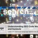 Digital illustration of the word “search” surrounded by floating binary numbers and glowing code elements, representing SEO coding, metadata, and technical optimisation.