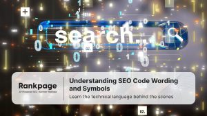 Digital illustration of the word “search” surrounded by floating binary numbers and glowing code elements, representing SEO coding, metadata, and technical optimisation.