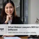 Malaysian lawyer smiling in office with legal books and scales, representing SEO for law firms in Malaysia.