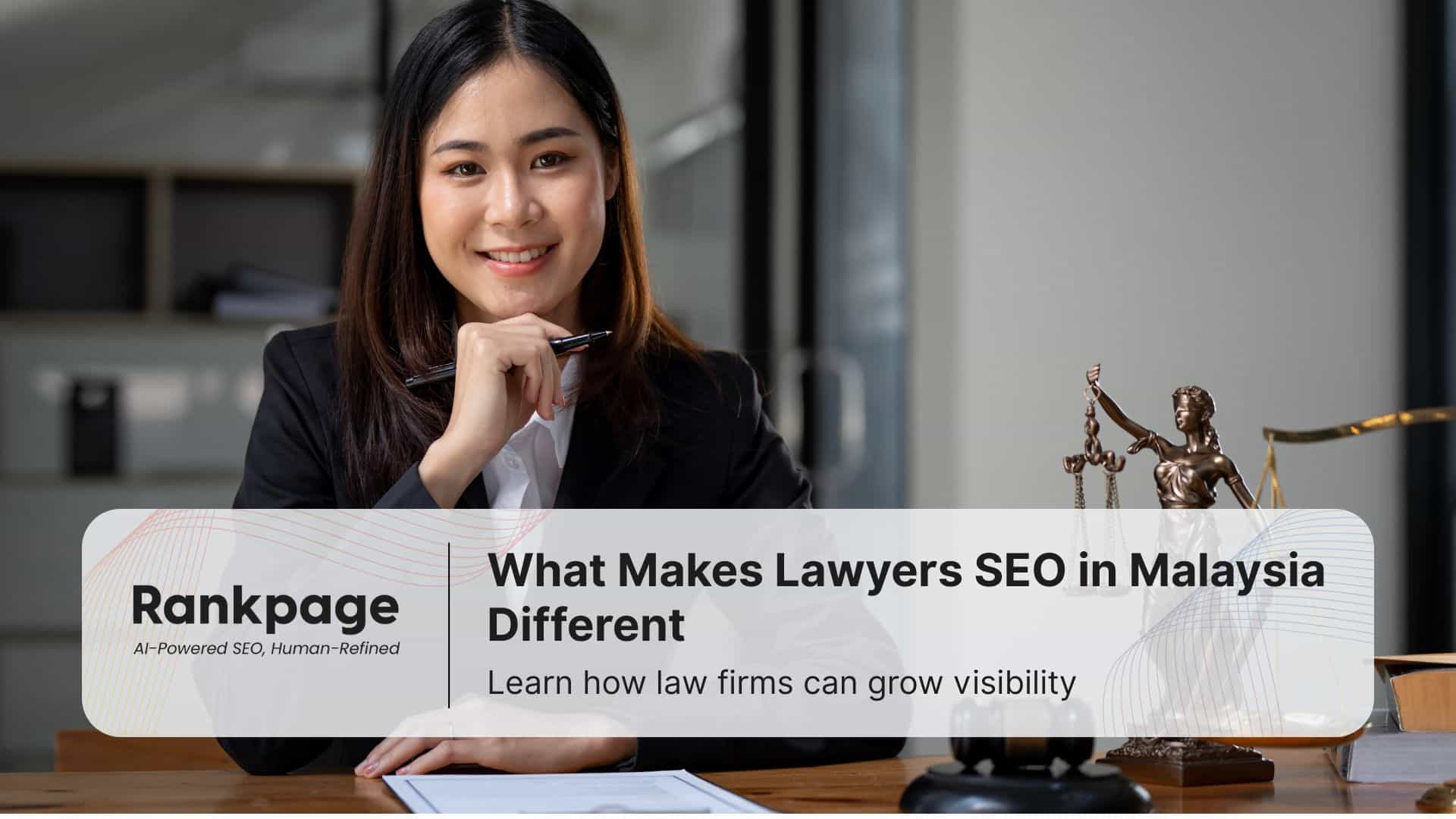 Malaysian lawyer smiling in office with legal books and scales, representing SEO for law firms in Malaysia.