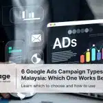 Laptop showing digital ad analytics with graphs and icons, titled “6 Google Ads Campaign Types in Malaysia 2025.