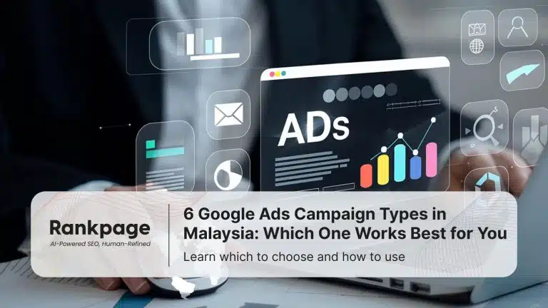 Laptop showing digital ad analytics with graphs and icons, titled “6 Google Ads Campaign Types in Malaysia 2025.