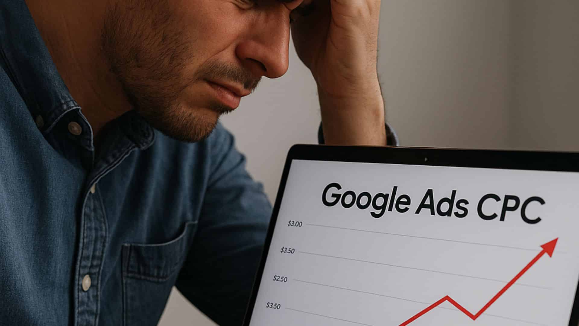 Person holding head while looking at a Google Ads CPC graph