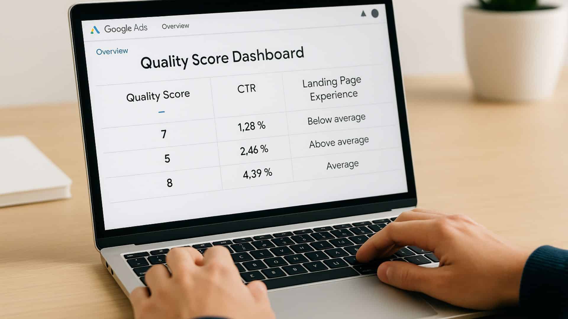 A marketer reviewing Quality Score metrics on a laptop. Close up of Google Ads dashboard with “Quality Score”, “CTR”, and “Landing Page Experience” visible.