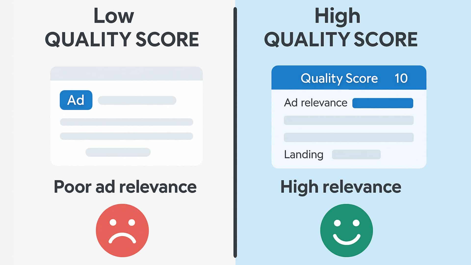 A split screen comparing high vs low Quality Score ads with Left side: Poor ad relevance Right side: High relevance with score indicators