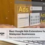 Illustration of Google Ads elements displayed above a laptop with the title ‘Best Google Ads Extensions for Malaysian Businesses’ by Rankpage.