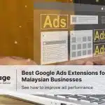 Illustration of Google Ads elements displayed above a laptop with the title ‘Best Google Ads Extensions for Malaysian Businesses’ by Rankpage.