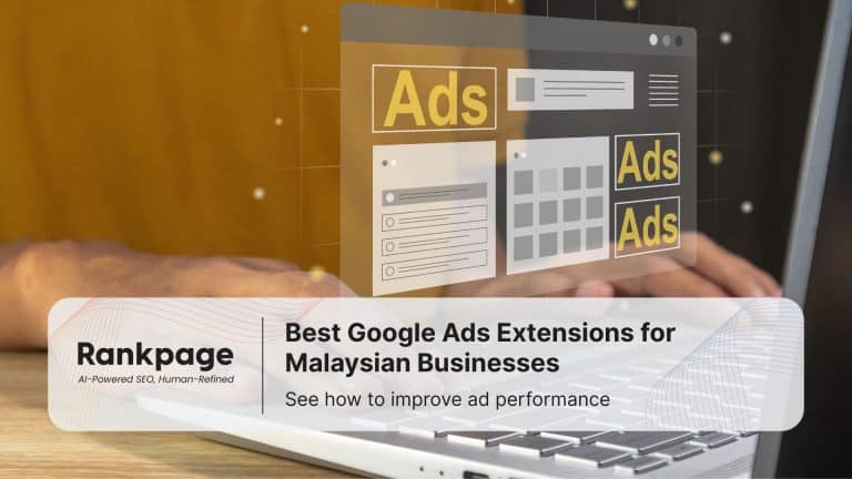Illustration of Google Ads elements displayed above a laptop with the title ‘Best Google Ads Extensions for Malaysian Businesses’ by Rankpage.