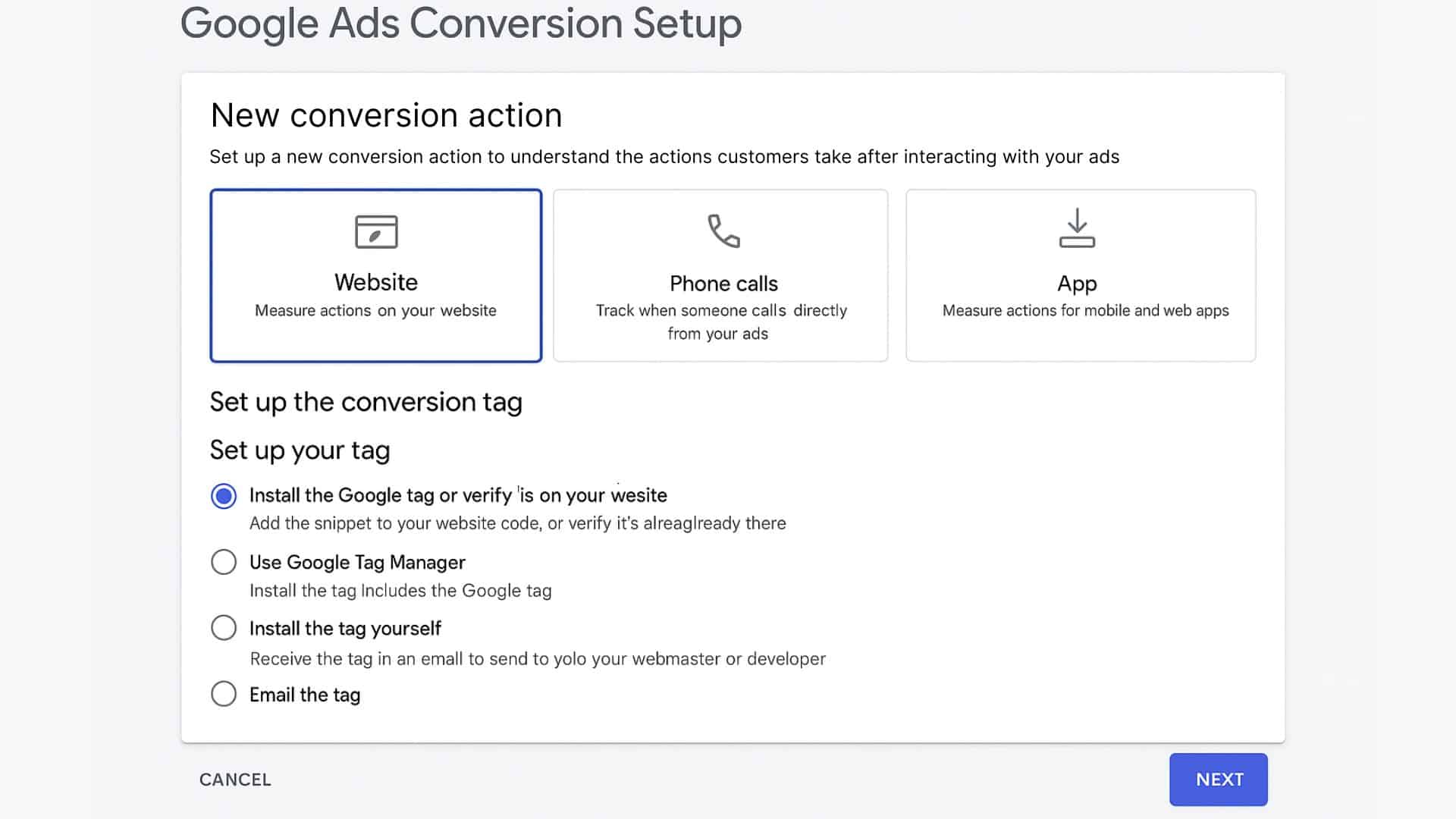 Google Ads interface displaying conversion setup options for Website, Phone calls, and App, with tag installation methods listed below.
