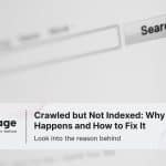 Visual showing a search bar and Rankpage headline about fixing the ‘crawled but not indexed’ issue in Google Search.
