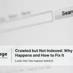 Visual showing a search bar and Rankpage headline about fixing the ‘crawled but not indexed’ issue in Google Search.